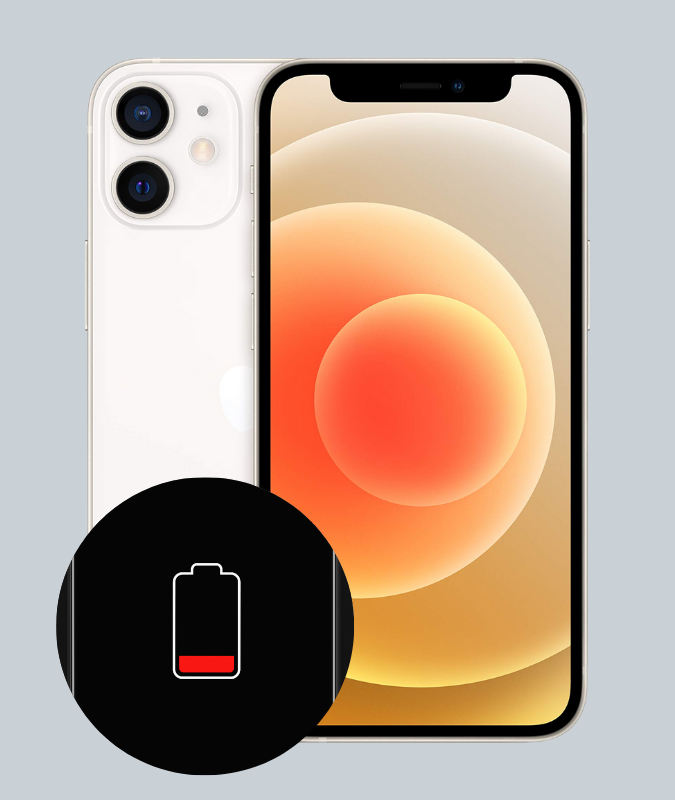 Phone 12 mini mit einem Batterie-Symbol, das einen niedrigen Akkustand anzeigt