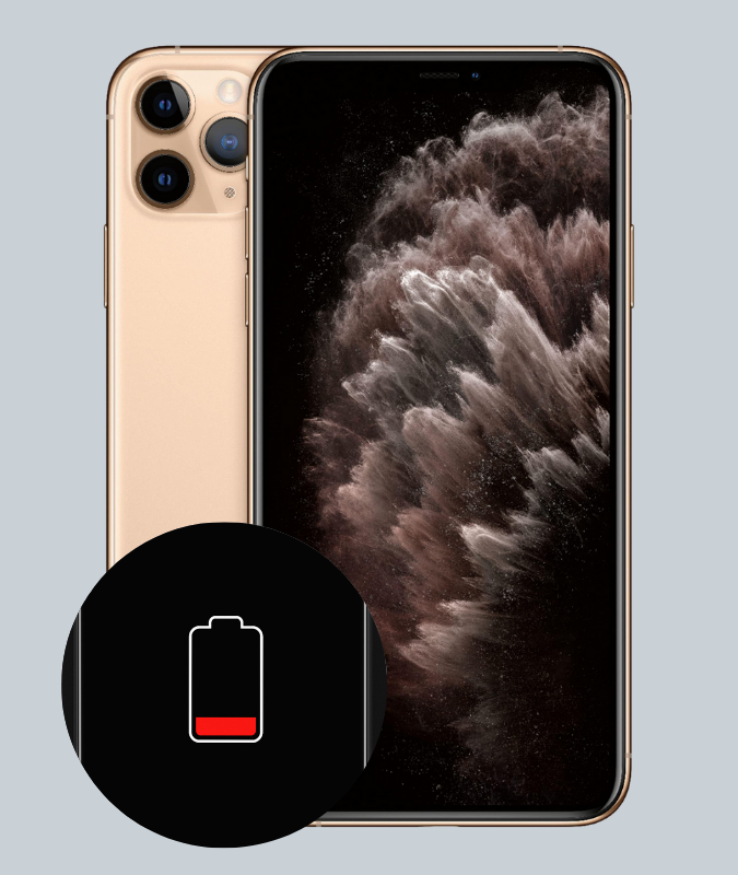 Phone 11 Pro mit einem Batterie-Symbol, das einen niedrigen Akkustand anzeigt